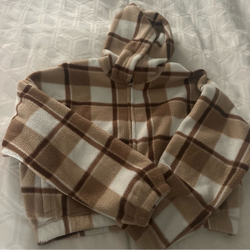 Hollister Tan and Cream Plaid Zip up